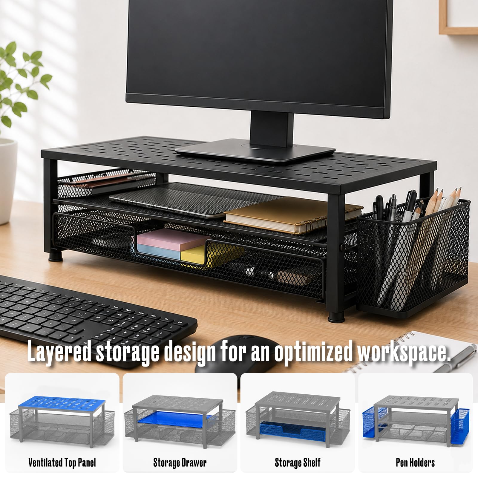 Supporto per monitor con cassetto | Supporto per monitor, per computer, laptop, PC, stampante, portata massima 20 kg, nero