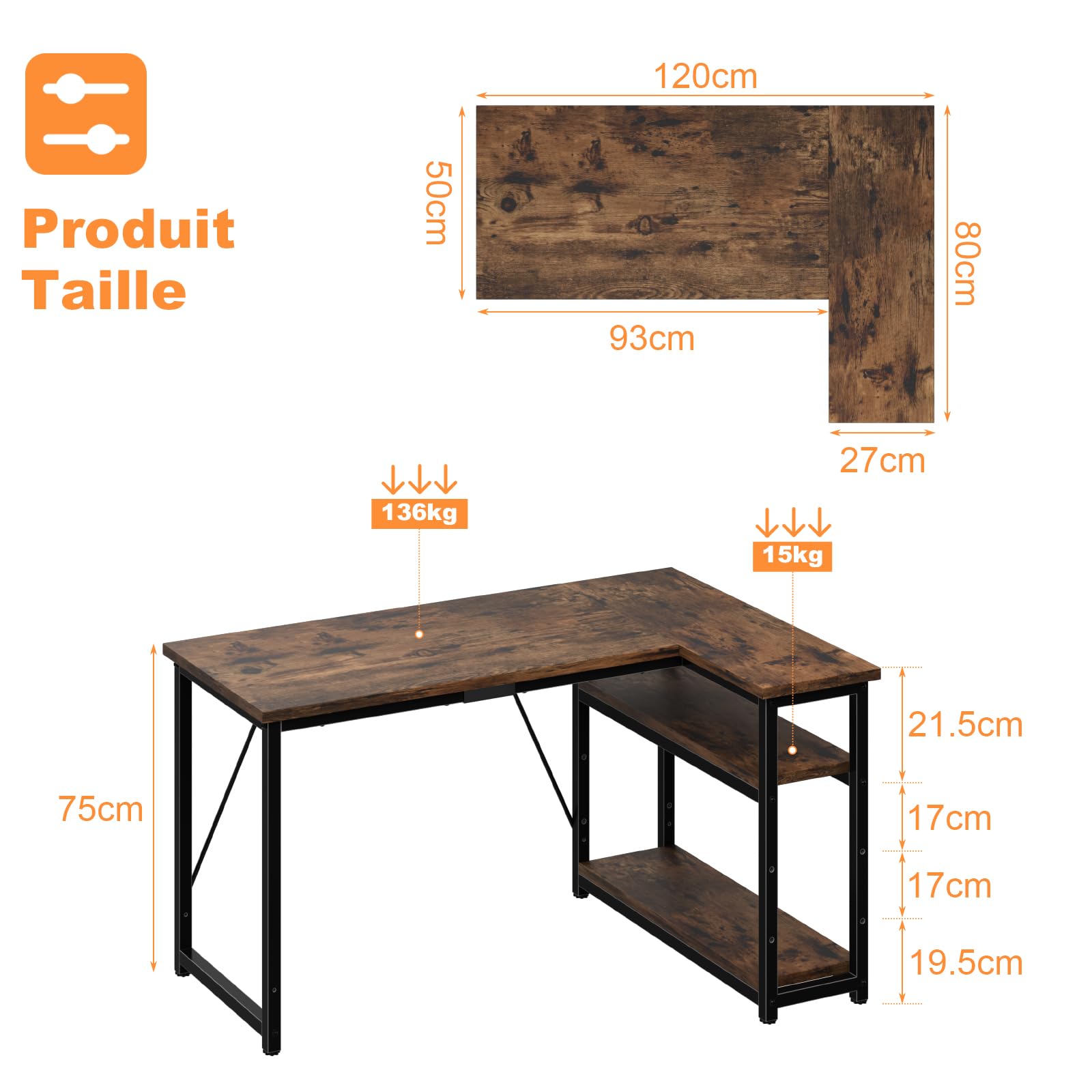 TRIUMPHKEY Bureau d'angle 120x80x75CM avec 3 Etagères Réversible à Gauche ou à Droite, Bureau Forme L pour Domicile, Marron