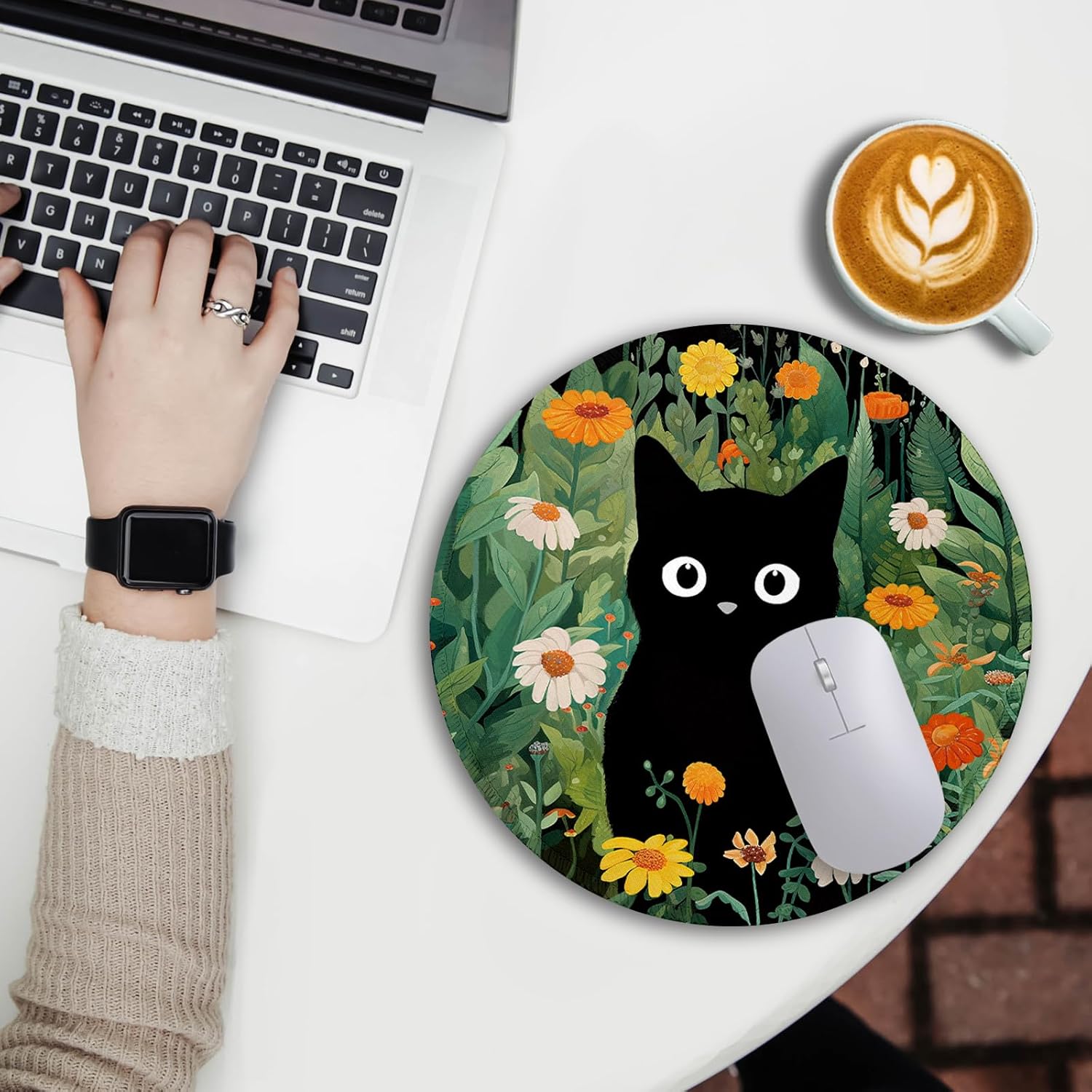 Immaturus Cat Mouse Pad, Cute Small Mouse Pads for Desk, Round Travel Mousepad for Wireless Mouse Gaming Work Laptop, Flower Mini Computer Mouse Mat, Home Decor Office Desk Accessories - Image 2