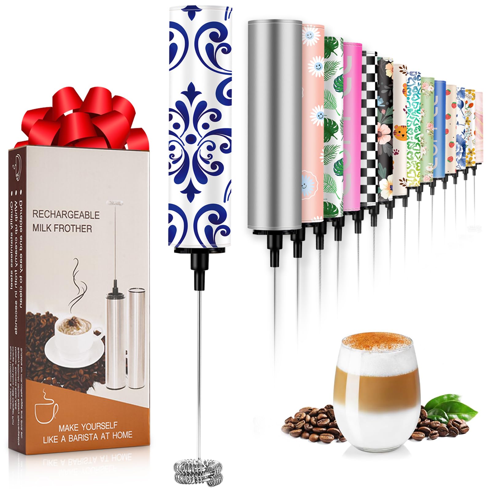 Milk Frother Handheld Rechargeable - 2-Speed Electric Whisk with 5 Detachable Heads (Frother/Mixer/Whisk) for Coffee, Latte, Cappuccino &amp; Matcha, Drink Mixer (Flower 14)