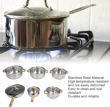 Stainless Steel Cookware Set, Rustproof Non Stick Pot and Pan Set with Gold Handles, Full Kitchen Cookware Set for Home and Restaurant Use on All Stovetops Including (Gold Handle)