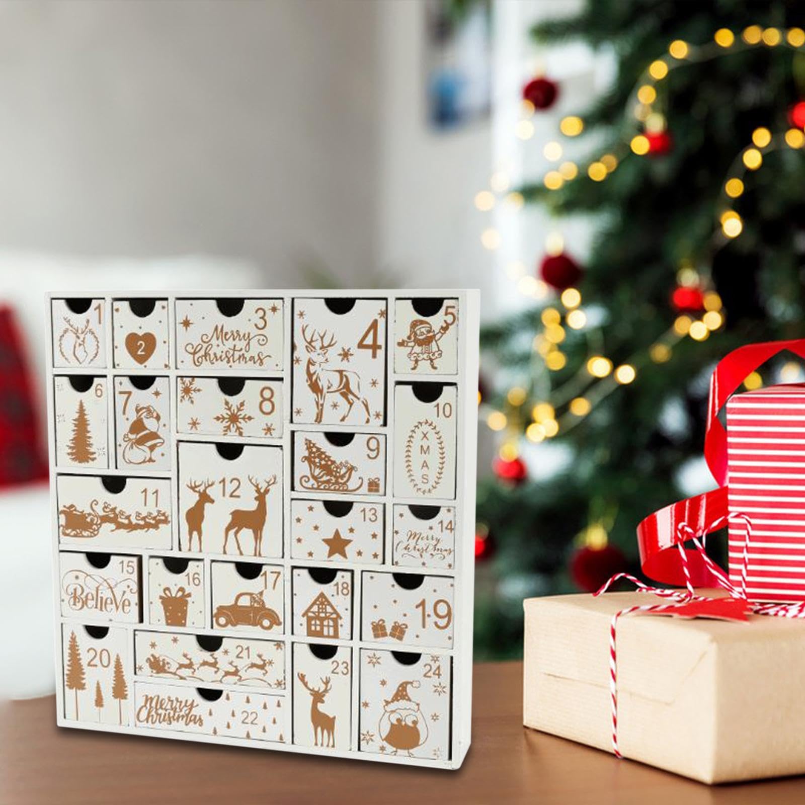 Adventskalender Holzbox 24 Aufbewahrungsschubladen Weihnachtsdekoration Geschenkbox Befüllbar Zählkalender für Kinder Erwachsene Wohnzimmer Büro Festl, Weiß
