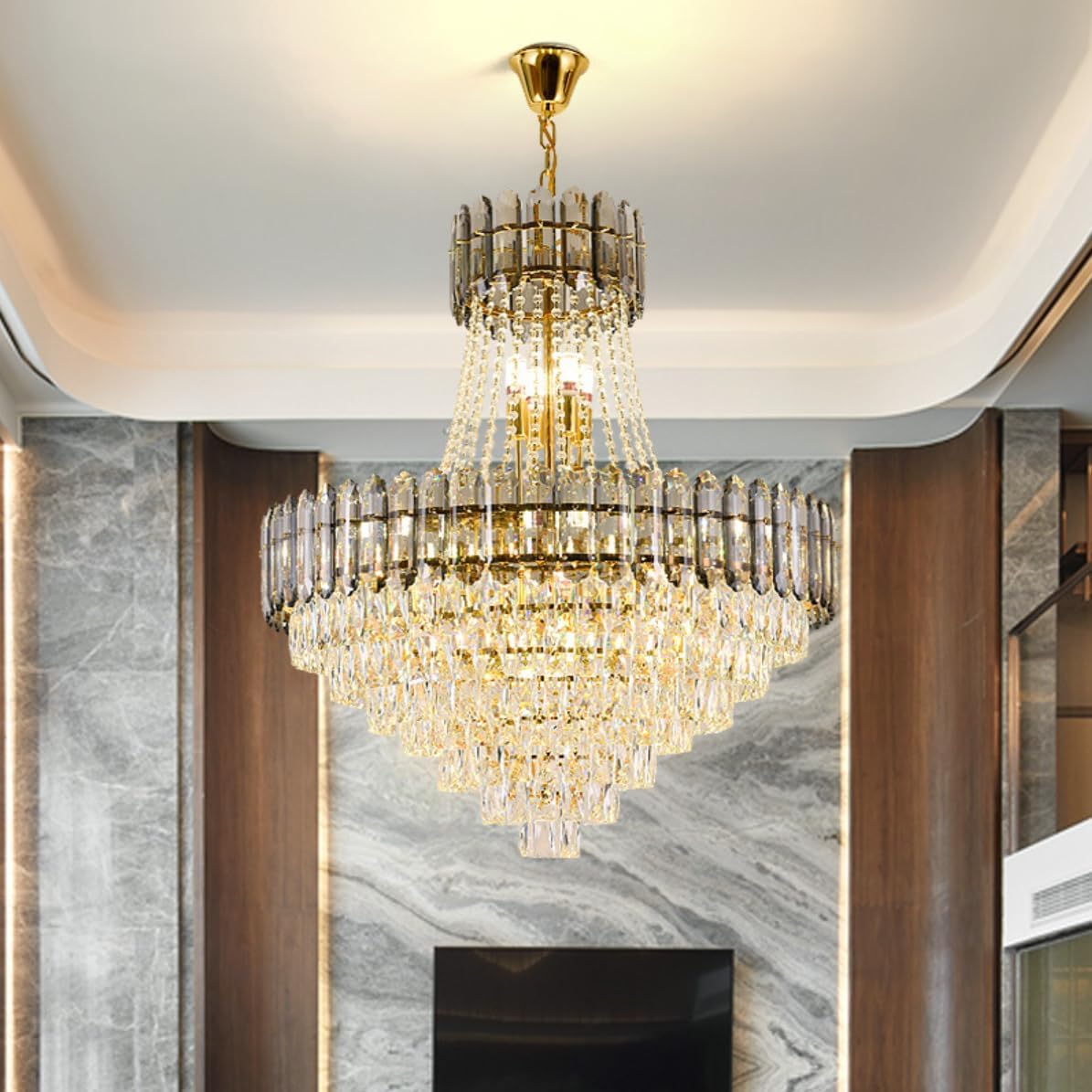 French Empire Style Smoke Gray Crystal Chandelier Gold Crystal Hanging Pendant Light Modern Contemporary Crystal Chandelier for Living Room Dining Room Foyer - 31.5"