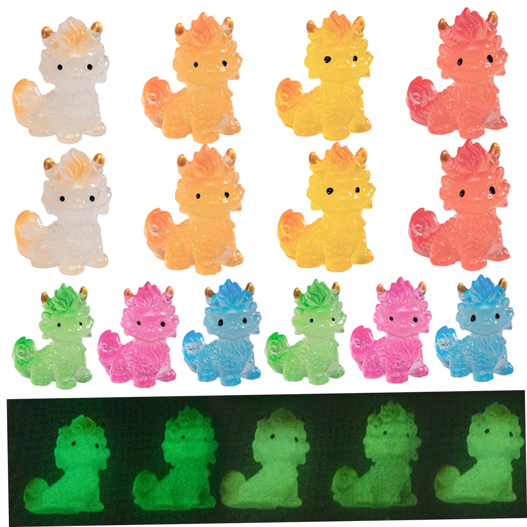 Awnsimfreien 7 Colors 14Pcs Mini Dinosaur Figures, Chinese Mythical Creature Mini Glow In The Dark Resin Animals For Fairy Garden Decor, Desktop, Shelf Diy Ornaments (7 Colors), Dinosaurs