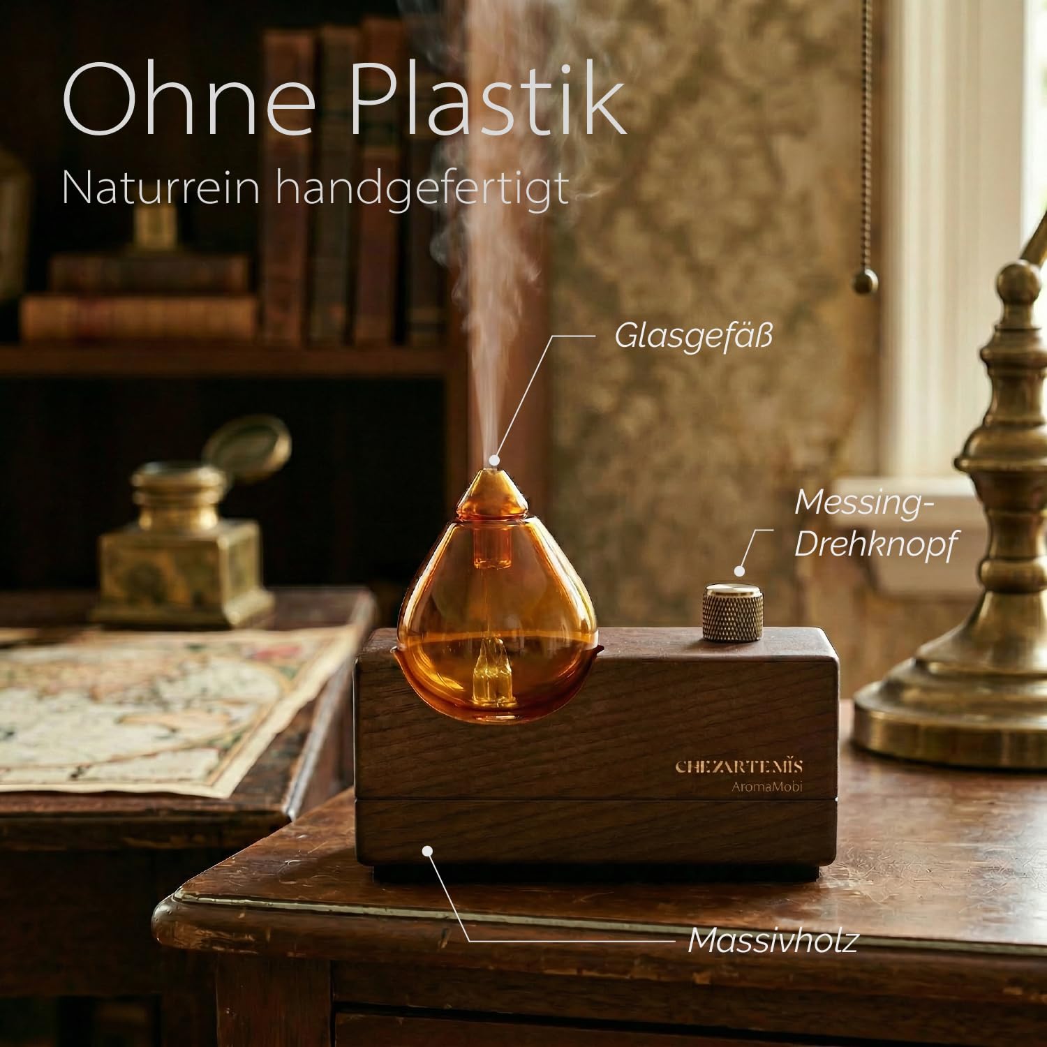 Amber Glas-Diffusor mit Naturholz-Sockel für Aromatherapie, Tragbarer Wasserloser Aroma Diffusor für Zuhause & Reise, Kabelloser Wiederaufladbarer Duftvernebler mit Timer & 4 Modi, Geschenkfertig