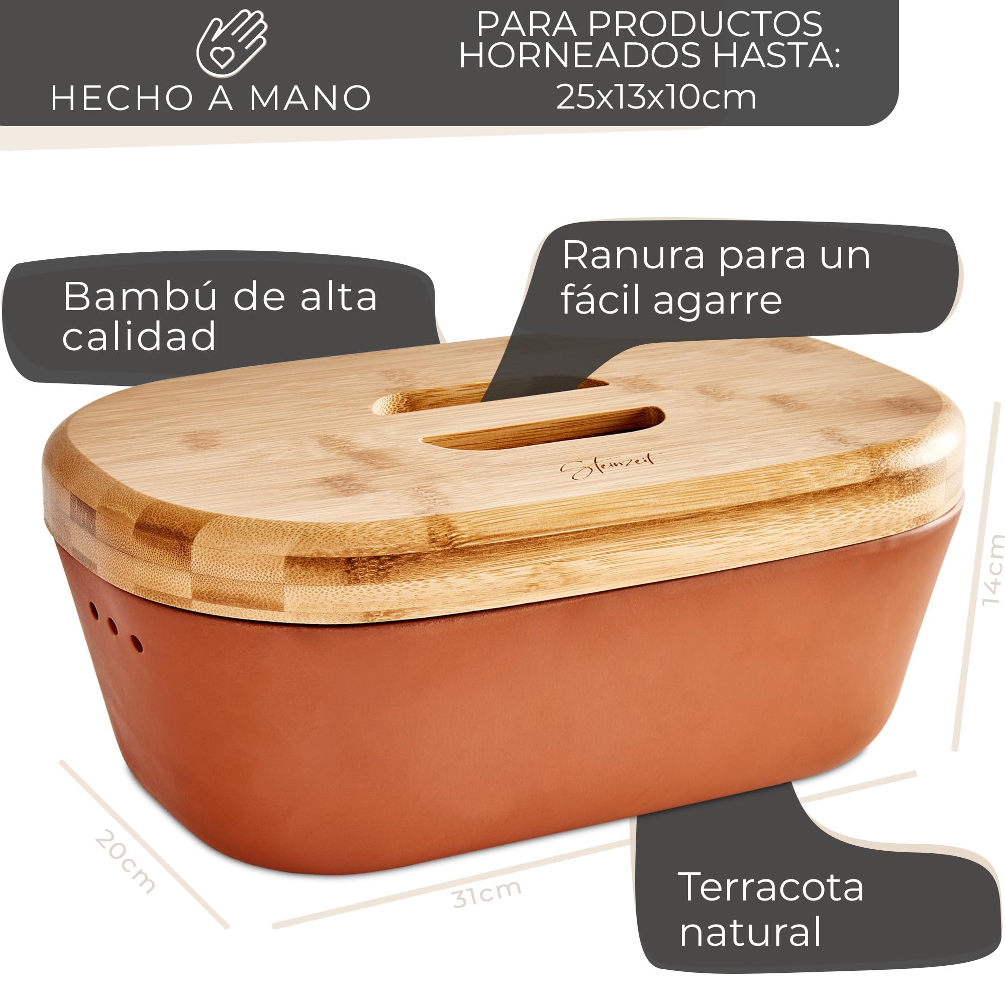 Steinzeit Panera diseño - Bread Box de barro transpirable - Caja de pan de cerámica con elegante tapa de bambú - Panera para un almacenamiento que ahorra espacio