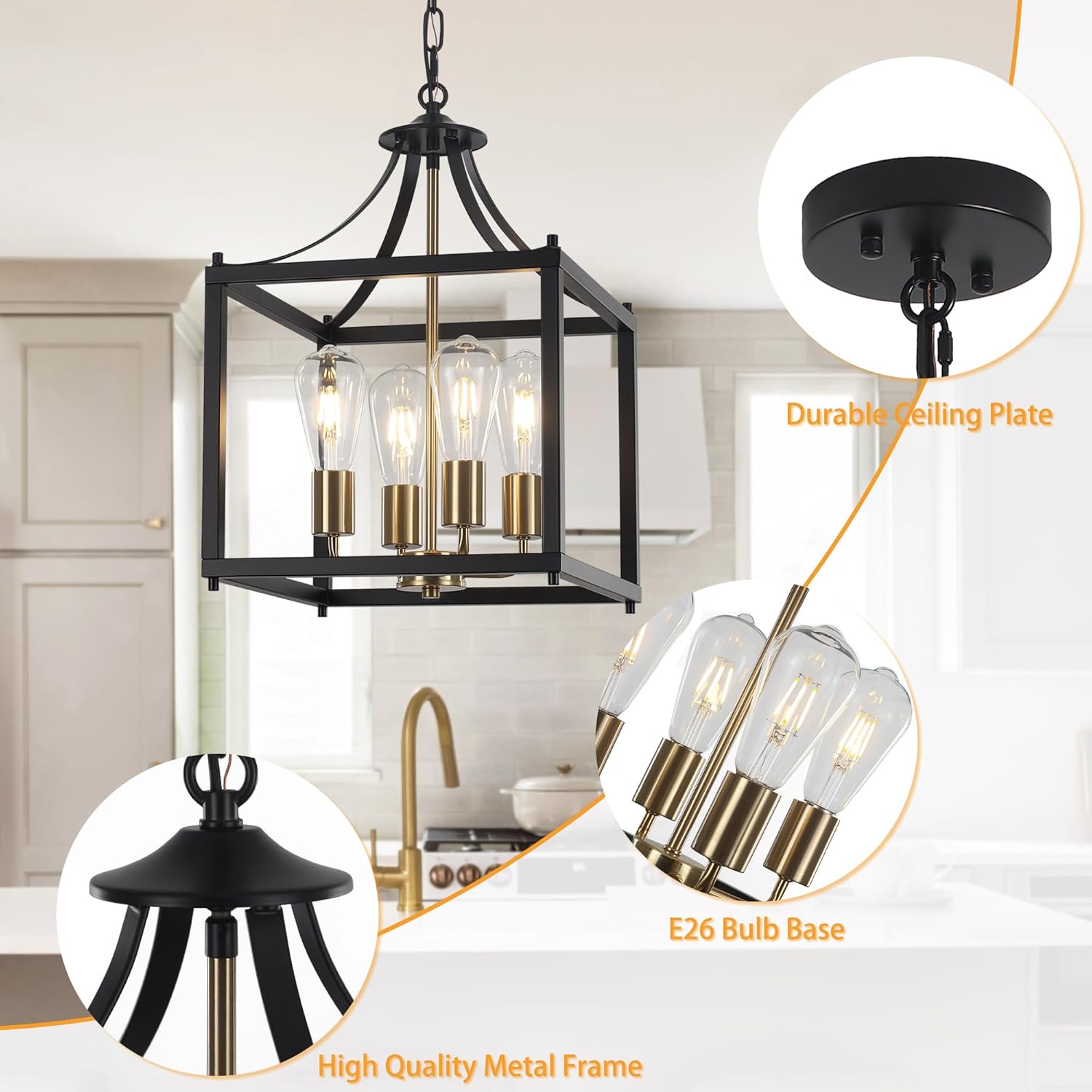 4-Light Gold Farmhouse Chandelier with Rustic Metal Frame Shade, E26 Bulb Base, Adjustable Height Industrial Ceiling Lights for Dining Room Kitchen Entryway and Foyer