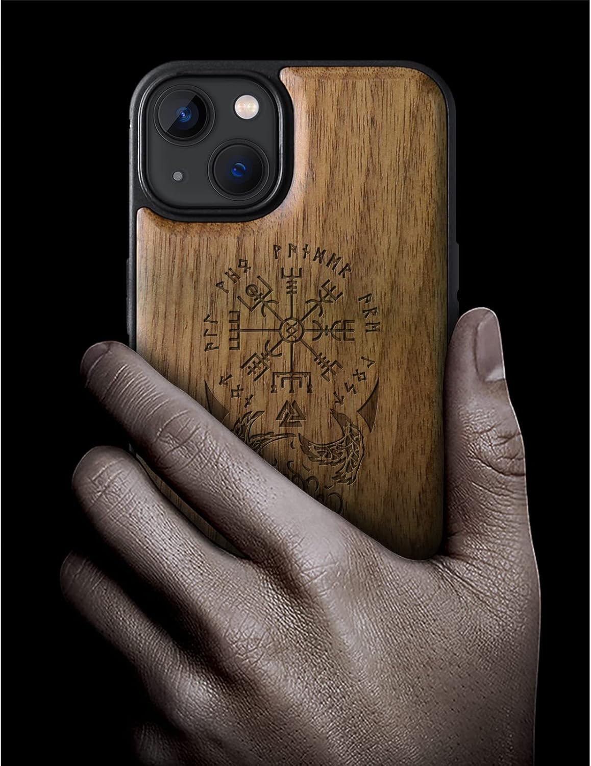 Carveit Magnetic Wood Case for iPhone 13 Case [Hard Real Wood & Soft TPU] Unique & Classy Wooden Shockproof Hybrid Protective Cover Compatible with MagSafe (Viking Compass Vegvisir-Walnut) - Image 2