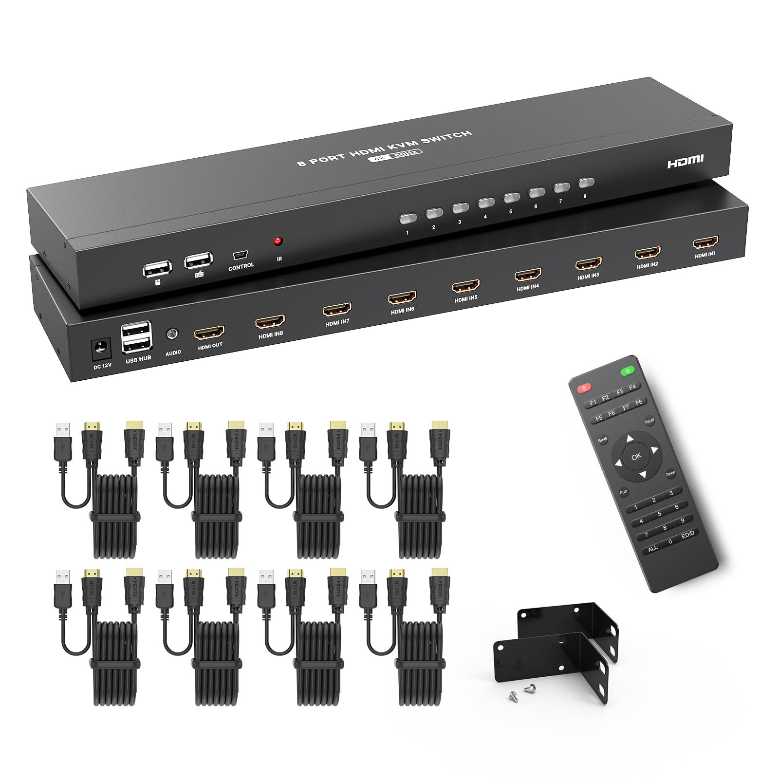 MT-VIKI 4K@60Hz HDMI KVM Switch 8 Port mit 8 Kabeln & 3,5mm Audio 19'' 1U Rackmount-KVM-Switch mit 4 USB 2.0, HDMI 2.0, HDCP 2.2