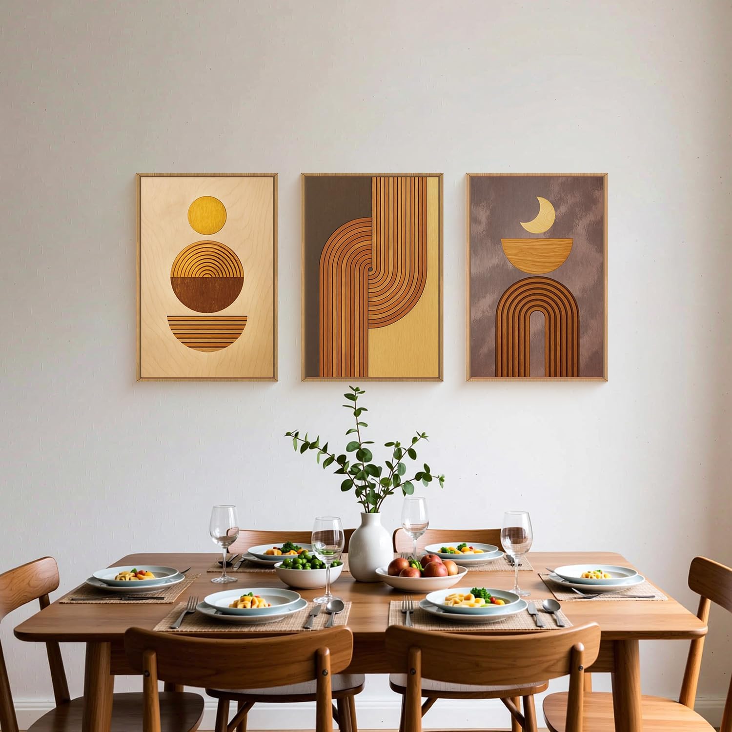 BICERE Large Boho Woodcut Framed Canvas Wall Art,Mid Century Modern Wall Decor,Abstract Geometric Brown Art Prints,Bohemian Sun and Moon Artwork for Living Room,Bedroom,Office -24"x36"x3