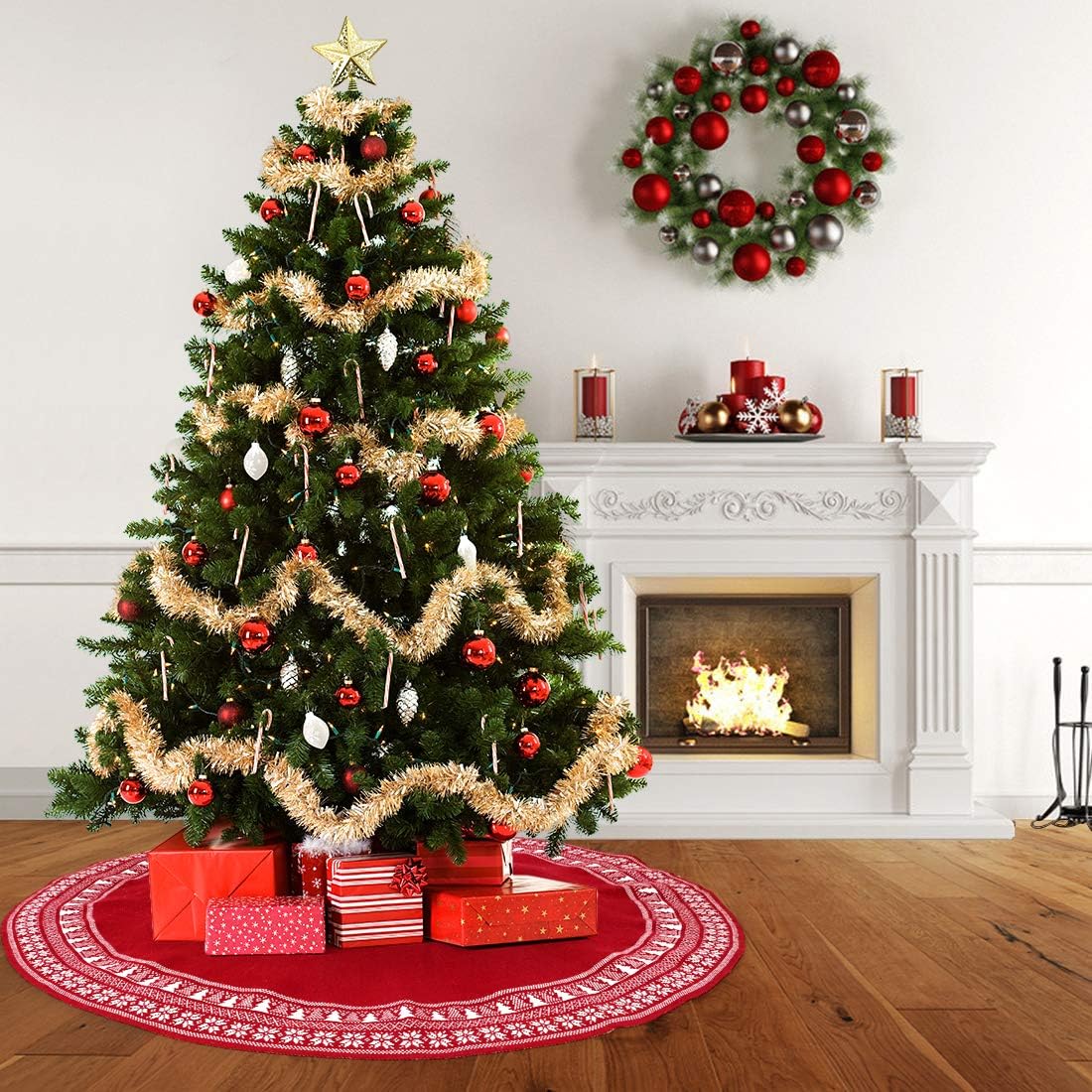 Dremisland Christmas Tree Skirt, Knitted Snowflake and Xmas Tree Pattern Thick Heavy Yarn Knit for A Warm Xmas Holiday Decoration (48inch/122cm, Red)