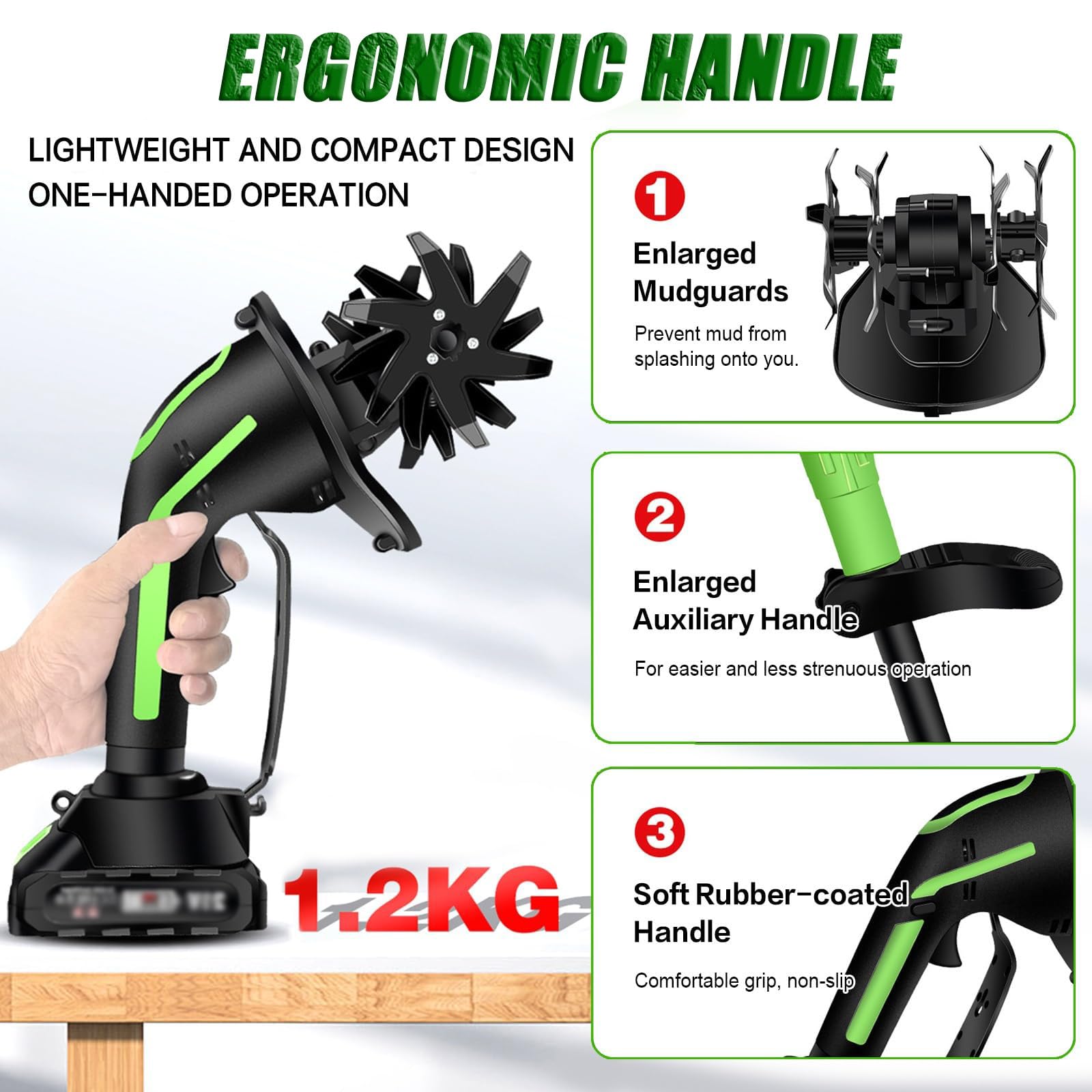 Motocultor y Motoazada sin Cable 2 en 1, Mini Motoazada de Jardín Alimentada por Batería de 550W, Cultivador de Suelo Portátil y Ligero para Césped, Huerto y Invernadero Batteryx1
