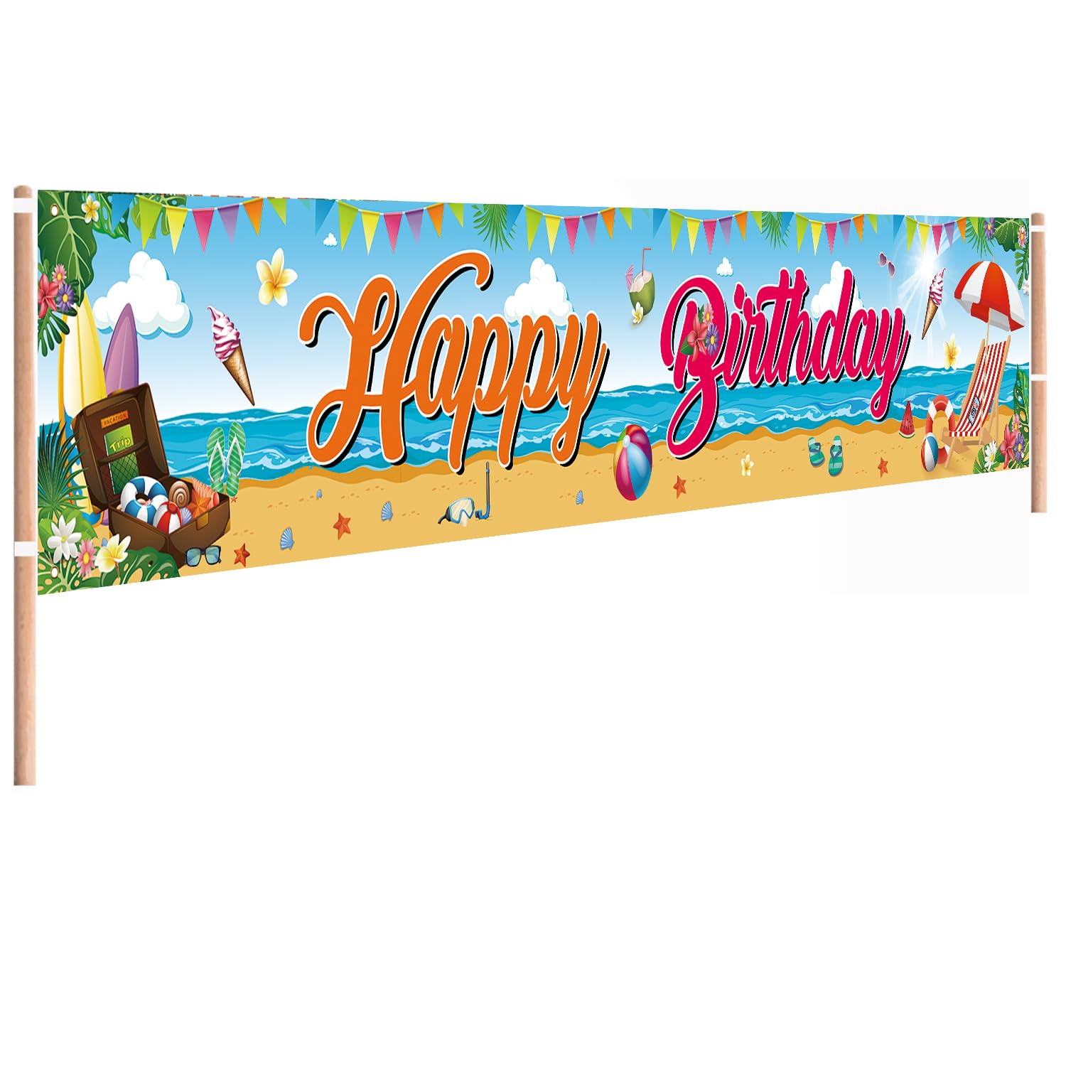 Pancarta de cumpleaños de verano, pancarta de feliz cumpleaños con temática de playa, decoración grande de fiesta de cumpleaños de playa, 118 x 20 pulgadas