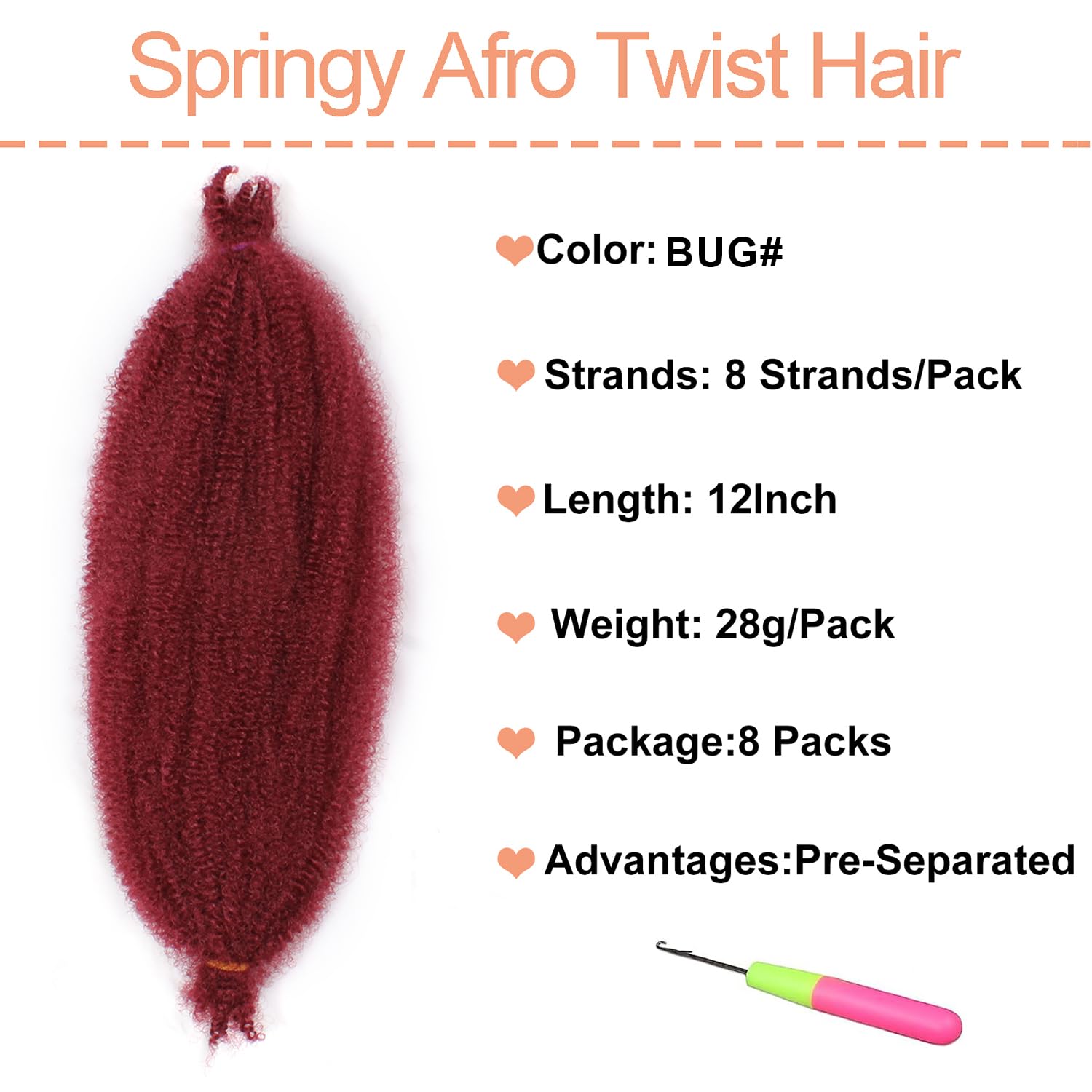 Mscat 12 Inch Pre-Separated Springy Afro Twist Hair 8 Packs Bungundy Marley Twist Crochet Braiding Synthetic Hair Extensions (8 Strands/Pack,BUG#) - Image 2