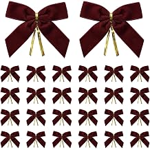 LANGFON 24 Pcs Burgundy Velvet Bows with Gold Twist Ties for Christmas Tree