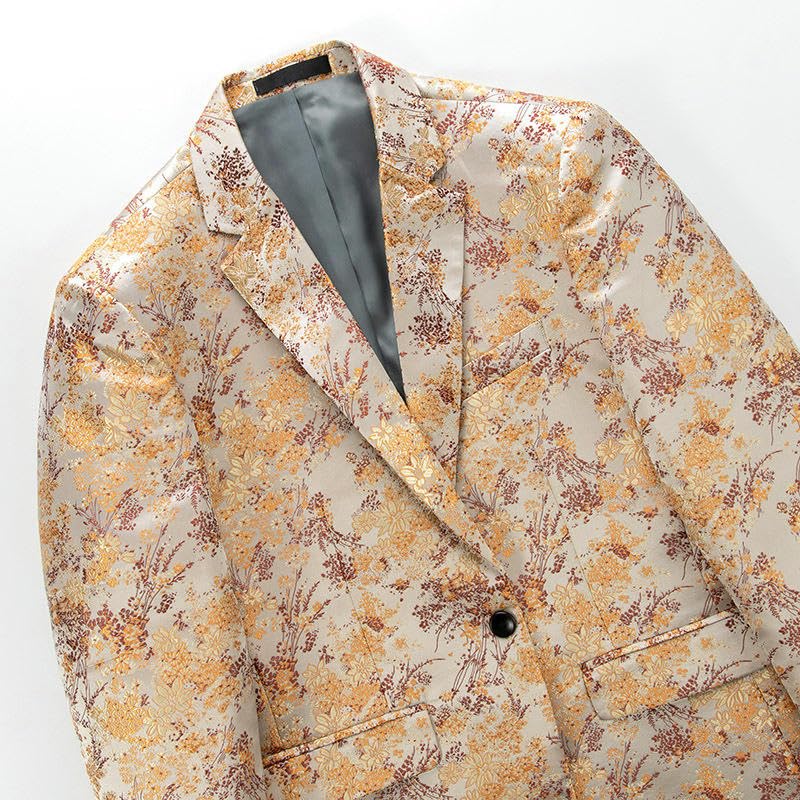 Blazer coréen homme coupe ajustée à bouton doré chic et floral d'affaires