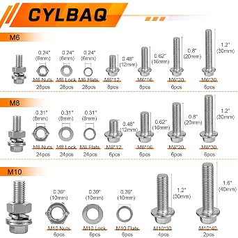 Flange Nut and Bolt Sets M6 M8 M10, CYLBAQ Flanged Hex Bolts and Nuts Set | 232PCS 304 Stainless Steel Hexagon Head Screws With Flat & Lock Washers Assortment Kit, Metric M6-1.0 M8-1.25 M10-1.5