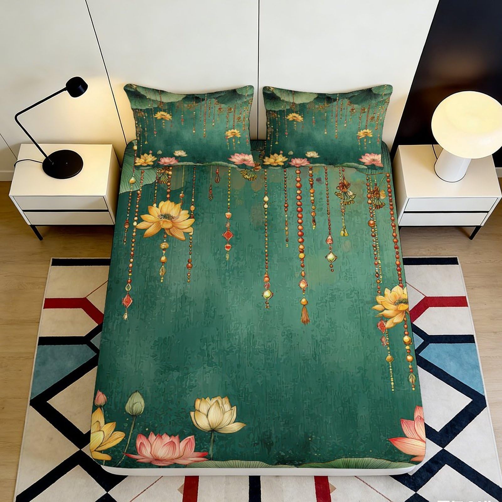3D Printed Lotus Blossom Fitted Sheet Microfiber Soft Green Lotus Vine Mattress Cover for Bedroom Guest Room Decor 90x200x25cm