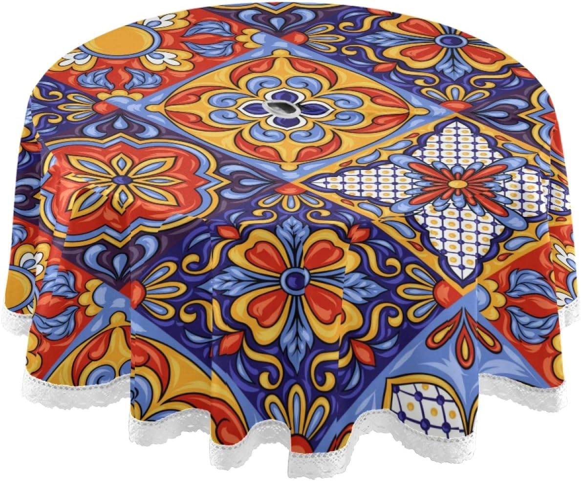 Qilmy Mexican Talavera Outdoor Tablecloth 60 Inch Waterproof Round Tablecloth with Umbrella Hole and Zipper for Backyard Party BBQ Decor