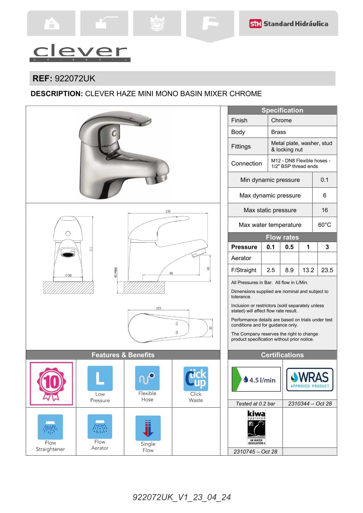 Clever Haze - Grifo mezclador monomando para lavabo cromado - Grifo de baño compacto de una sola palanca, latón macizo, acabado cromado moderno