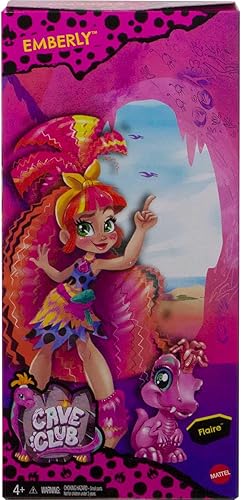 Miniatura 6 de Mattel, Muñeca Emberly Cave Club - Muñeca de 8 a 10 pulgadas, con cabello rosa, muñeca prehistórica con dinosaurio y accesorios, regalo para niñas