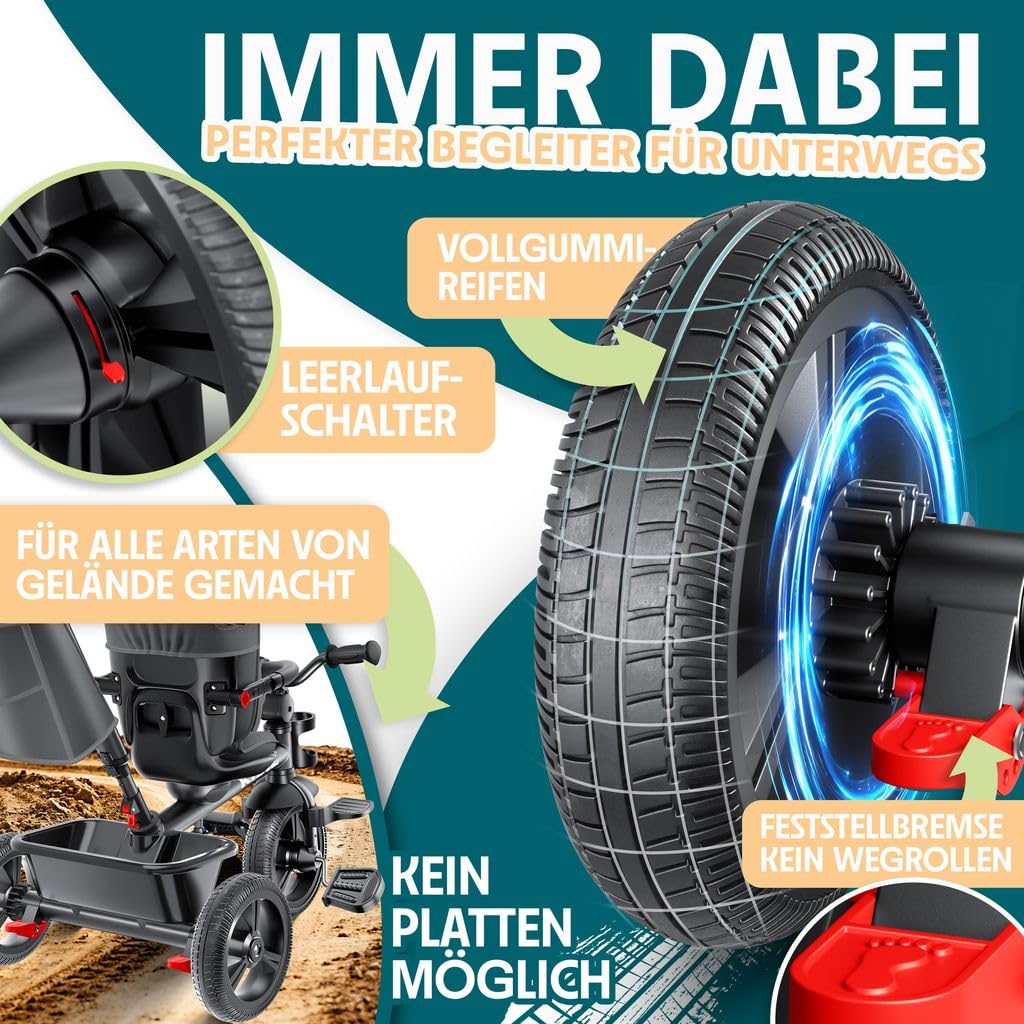 KIDIZ® Dreirad 6in1 Kinderdreirad mit Schubstange Lenkbar ab 9 Monaten bis 25Kg Jogger vorwärts & Rückwärtsfahrt, Korb Tasche Getränkehalter Sonnendach Gummiräder Buggy Fahrrad Baby Klappbar Schwarz