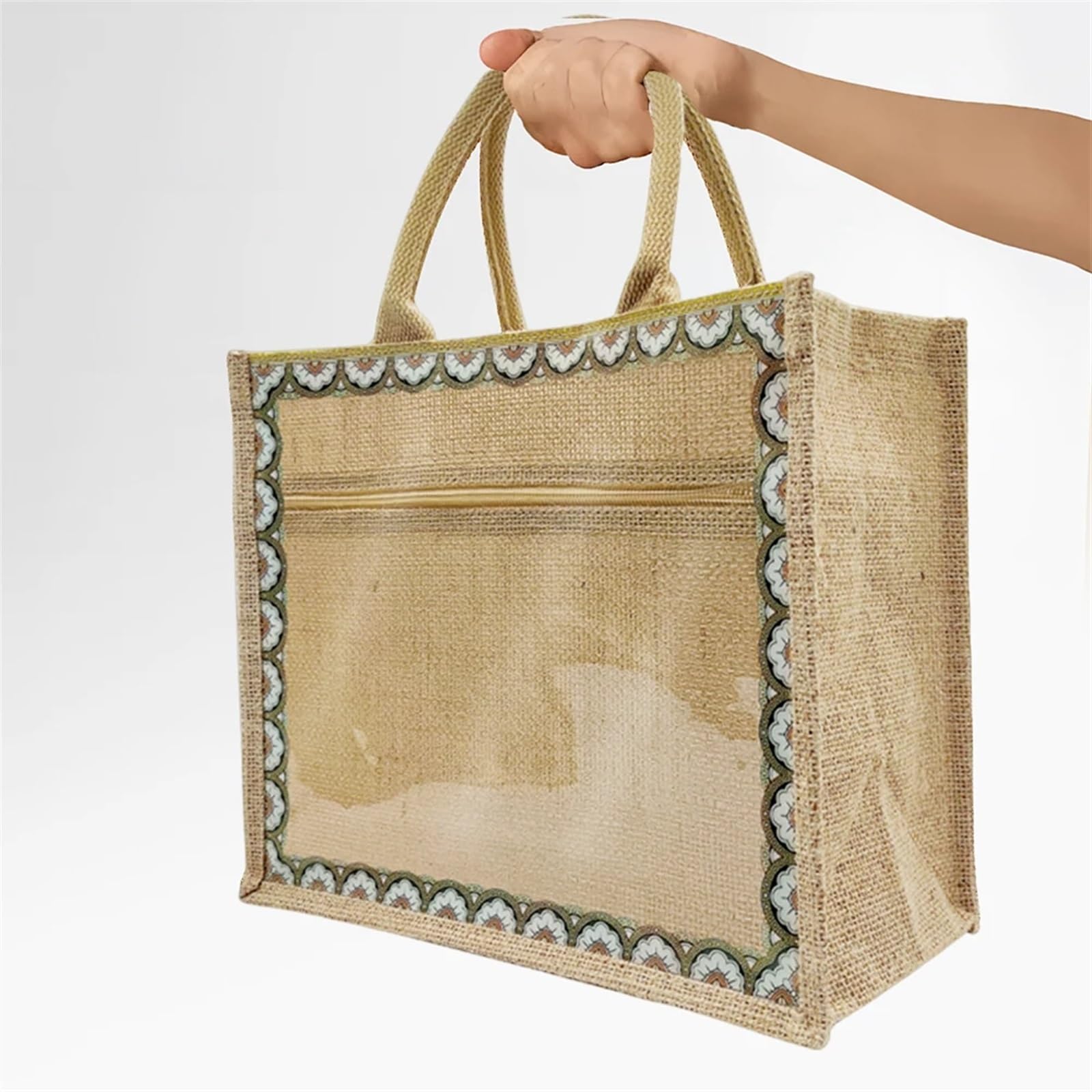 Torba z juty, Torba materiałowa Lniana Juta Zakupy Wielokrotnego użytku Wodoodporny uchwyt na zakupy Płótno Diy Prezent 1/2 szt(1pc)