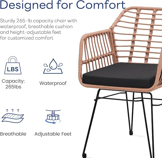 KROFEM 3 Piece Wicker Patio Bistro Furniture Set, Natural | Includes 2 Rattan Chairs and Glass Top Table, Ideal for Porch, Outdoor, Backyard, Apartment, Balcony
