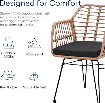 KROFEM 3 Piece Wicker Patio Bistro Furniture Set, Natural | Includes 2 Rattan Chairs and Glass Top Table, Ideal for Porch, Outdoor, Backyard, Apartment, Balcony