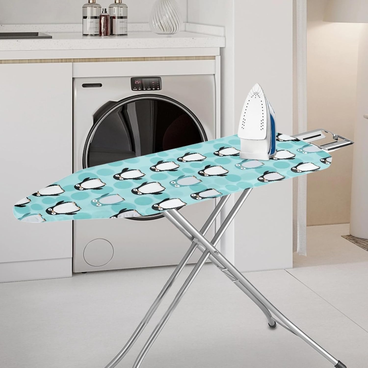 Iron Board Cover with Padding Standard Size Deep Blue Penguin Padded Ironing Board Covers 15x54 Heat Reflective Extra Thick Wide Non Stick Scorch and Stain Resistant Heatproof