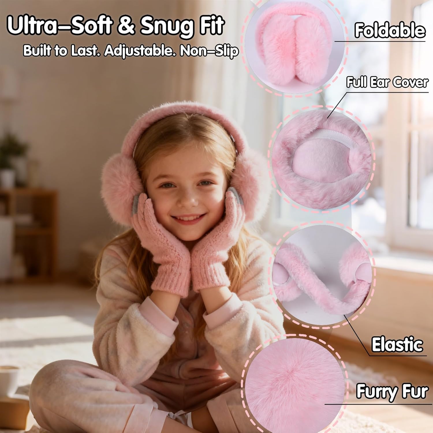 BEARAE Winter Ear Muffs Gloves Set, Fuax Fur Earmuffs with Glove, Foldable Fluffy Ear Warmer Muff for 7-12T Kids Girls Boys - Image 3