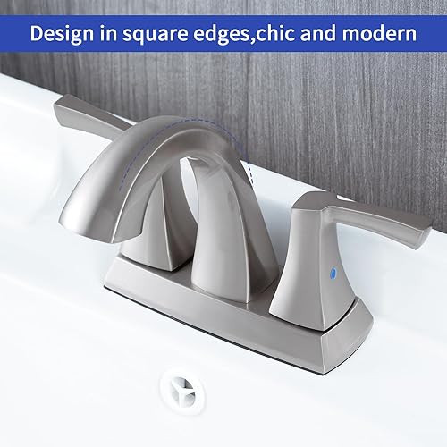 Miniatura 3 de VXV Grifo de baño de níquel cepillado, 2 manijas de arco bajo, grifos de lavabo de baño de 4 pulgadas con drenaje emergente y líneas de suministro