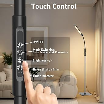 Mojimdo LED Floor Lamp, Touch Control Bright Floor Lamps, Dimmable 3 Color Modes&10 Brightness Standing Lamp, Flexible Arm Reading Lamp for Living Room Bedroom Office-10W USB Adapter Included [Energy Class A]