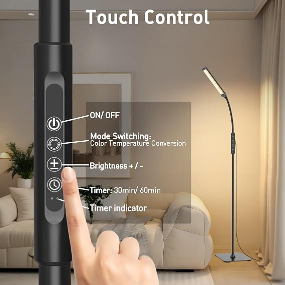 Mojimdo LED Floor Lamp, Touch Control Bright Floor Lamps, Dimmable 3 Color Modes&10 Brightness Standing Lamp, Flexible Arm Reading Lamp for Living Room Bedroom Office-10W USB Adapter Included [Energy Class A]