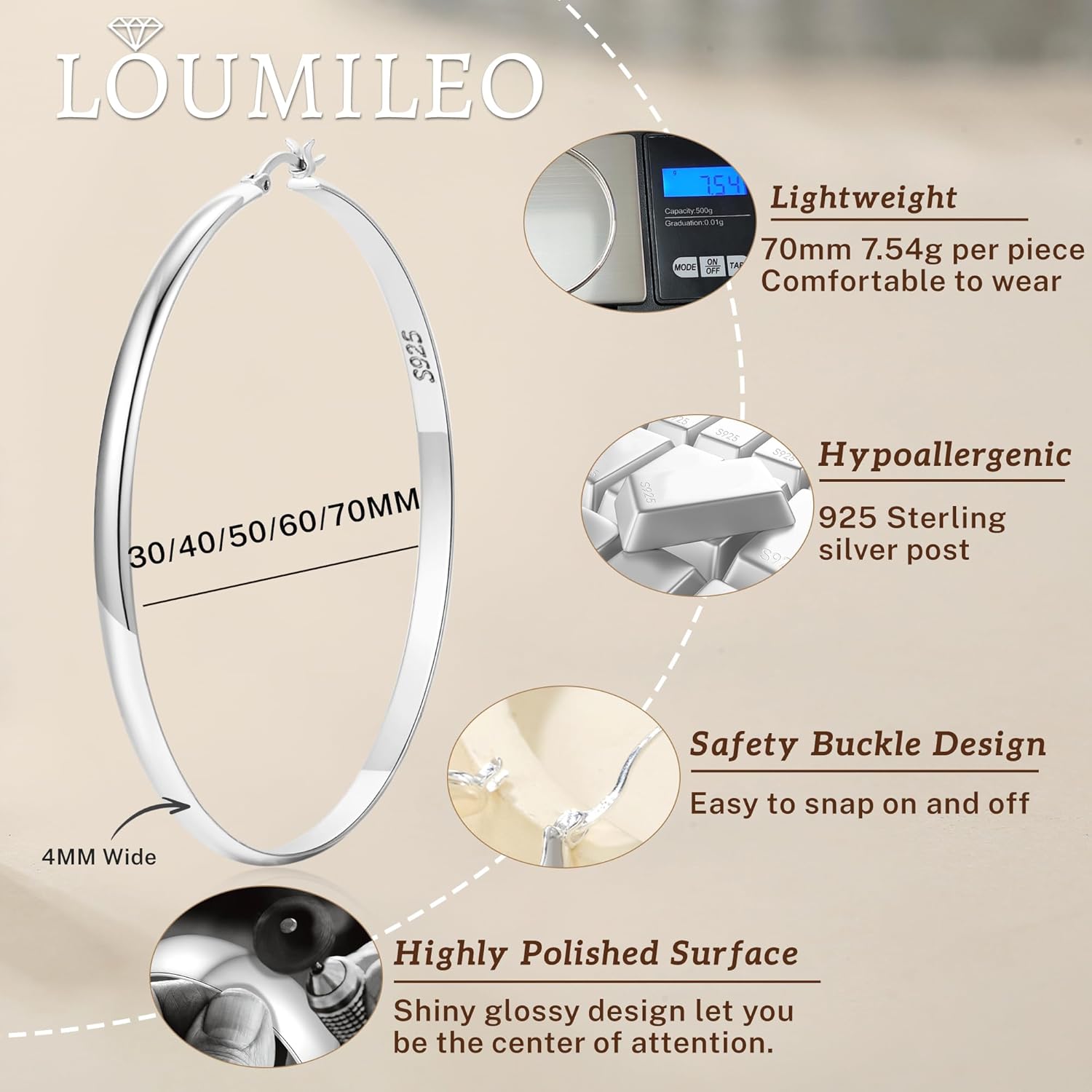 LOUMILEO 4mm Wide Large Silver Hoop Earrings Lightweight 925 Sterling Silver Hoop Earrings for Women Hypoallergenic Big Thin Hoops Earring for Women 30/40/50/60/70MM - Image 4