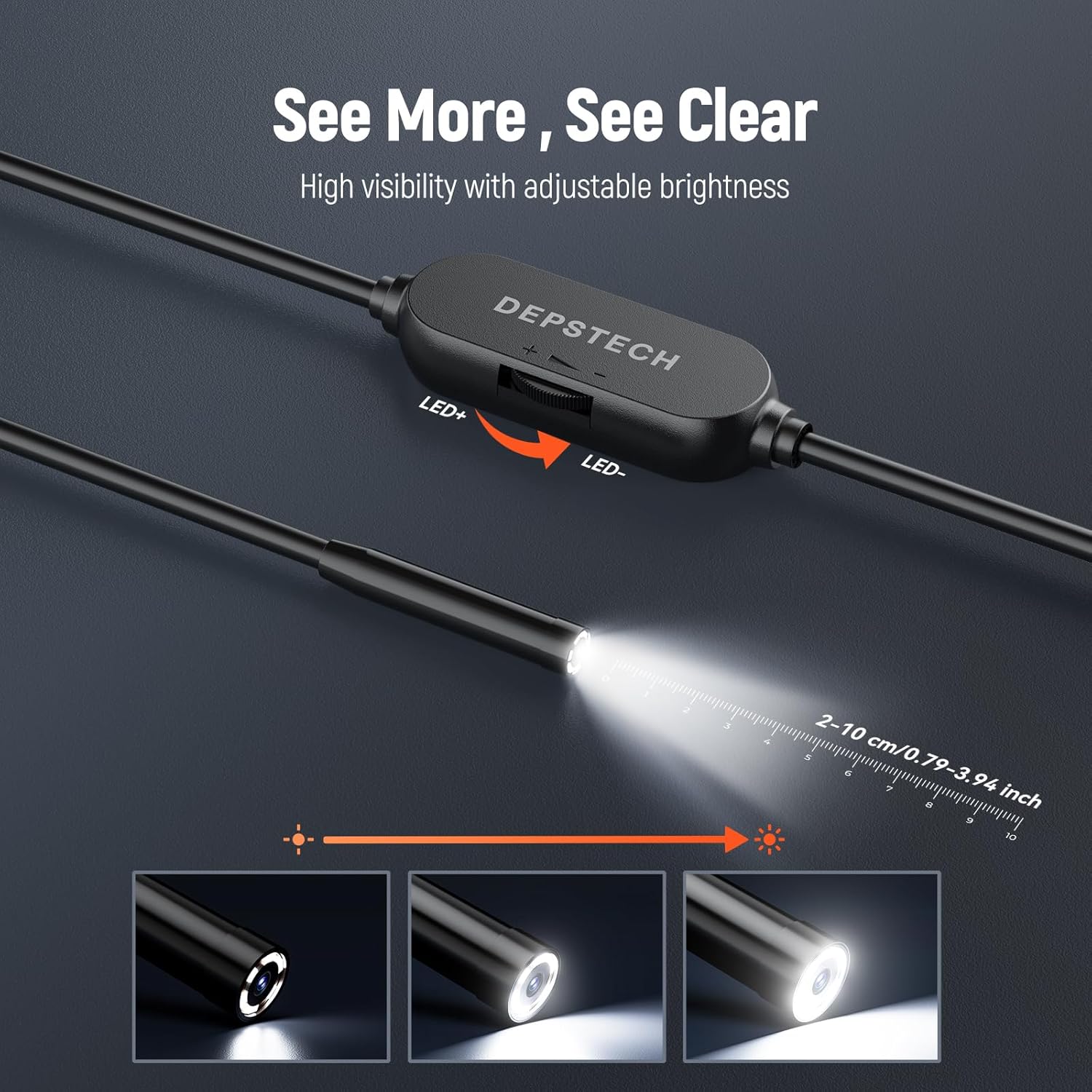 Image demonstrating the adjustable LED lights on the DEPSTECH Endoscope Camera.