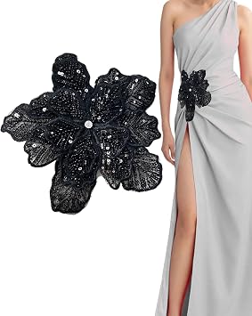 1pc Handmade Large Flower Rhinestone Applique for Clothes, Sparkly Sequin Beaded Patches for Wedding Dress, Embroidery Lace Sewing Patches for Bodice Hat Jean Jacket Black