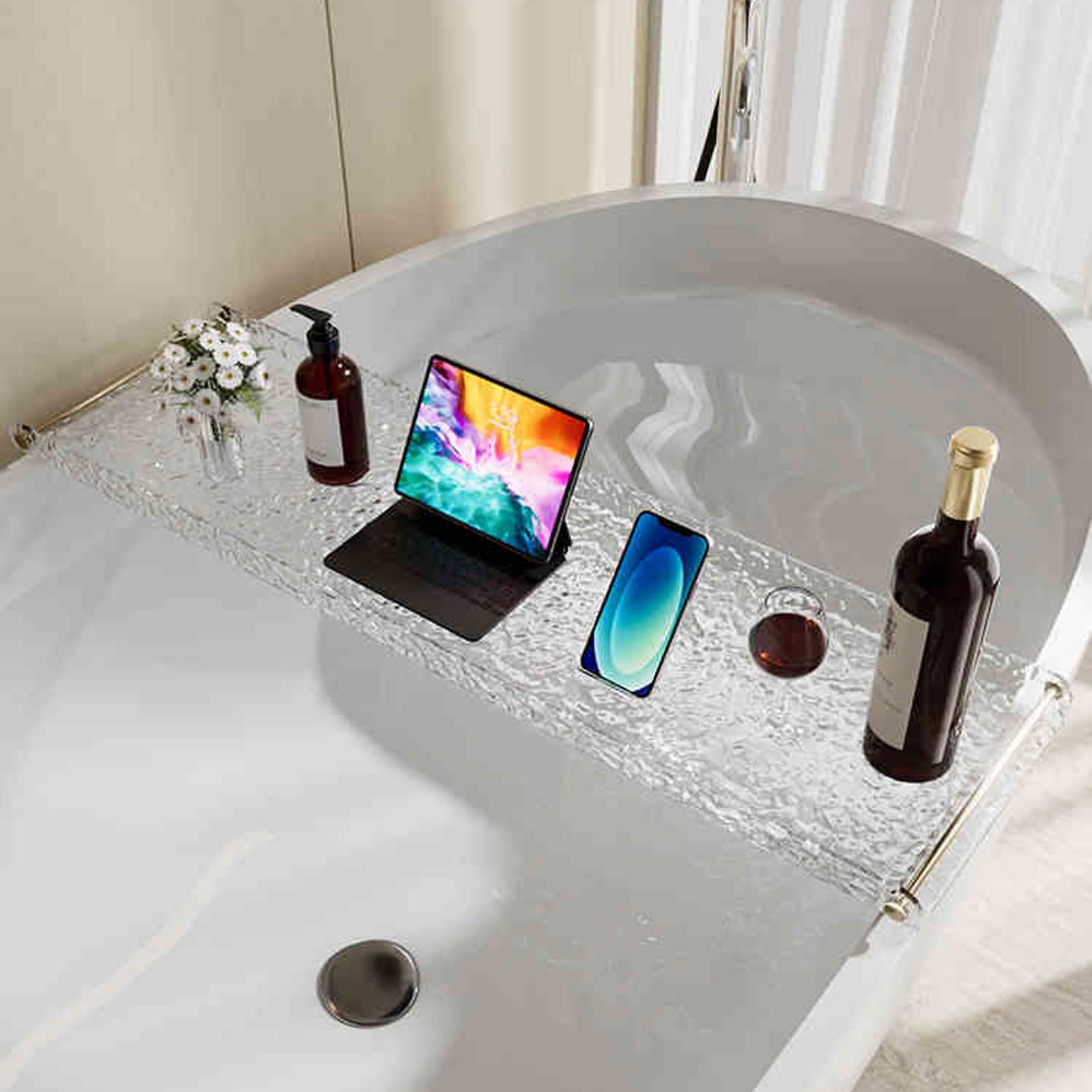 Bandeja de baño transparente impermeable – Estante de plástico para bañera, estante para velas, copas de vino, libros, teléfono, accesorios de bañera elegantes para relajarse