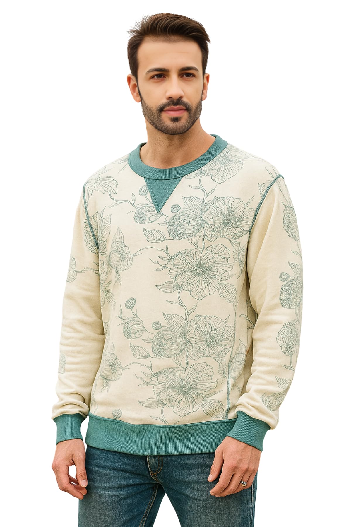 Men's Floral Print Crew Neck Sweatshirt, Beige and Teal-picture-49