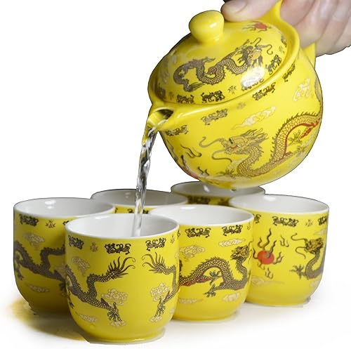 Juego de té de porcelana, 1 tetera, 6 tazas, tetera, cafetera, tetera, cerámica, regalos de mesa, decoración (dragón)