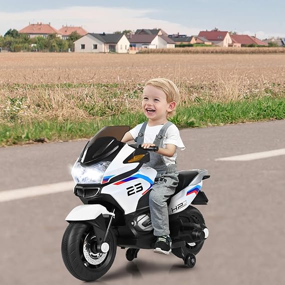 HONEY JOY 12V Kids Motorcycle, Battery Powered Electric Vehicle for Kids, Training Wheels, LED Lights, Foot Pedal, Spring Suspension, Ride On Toy Motorcycle, Gift for Boys Girls (White)