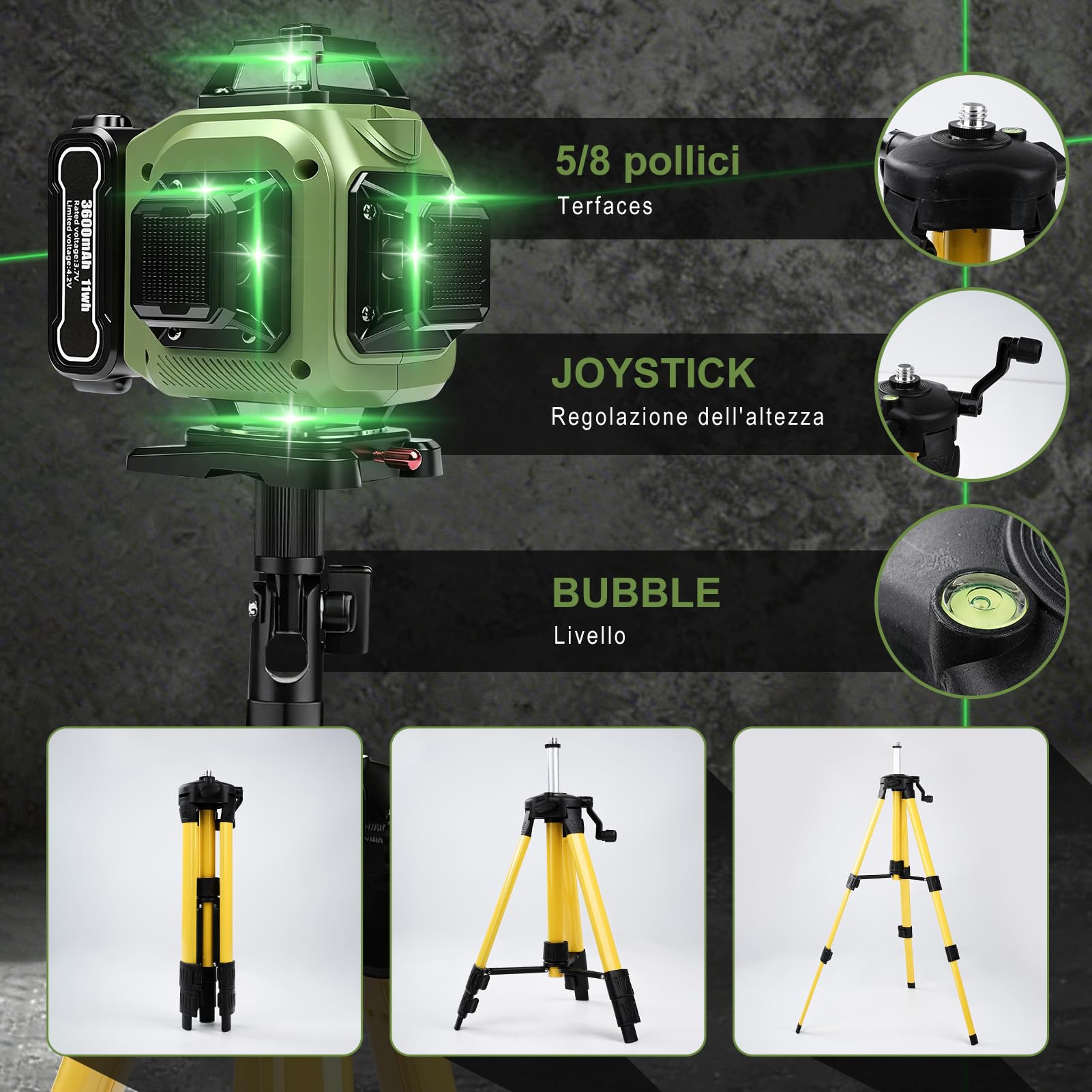 Livella laser a croce con 16 linee,portata di 30 m, autolivellante 4 x 360° con treppiede, ideale per cantieri edili interni, con batterie da 3x3600 mAh.