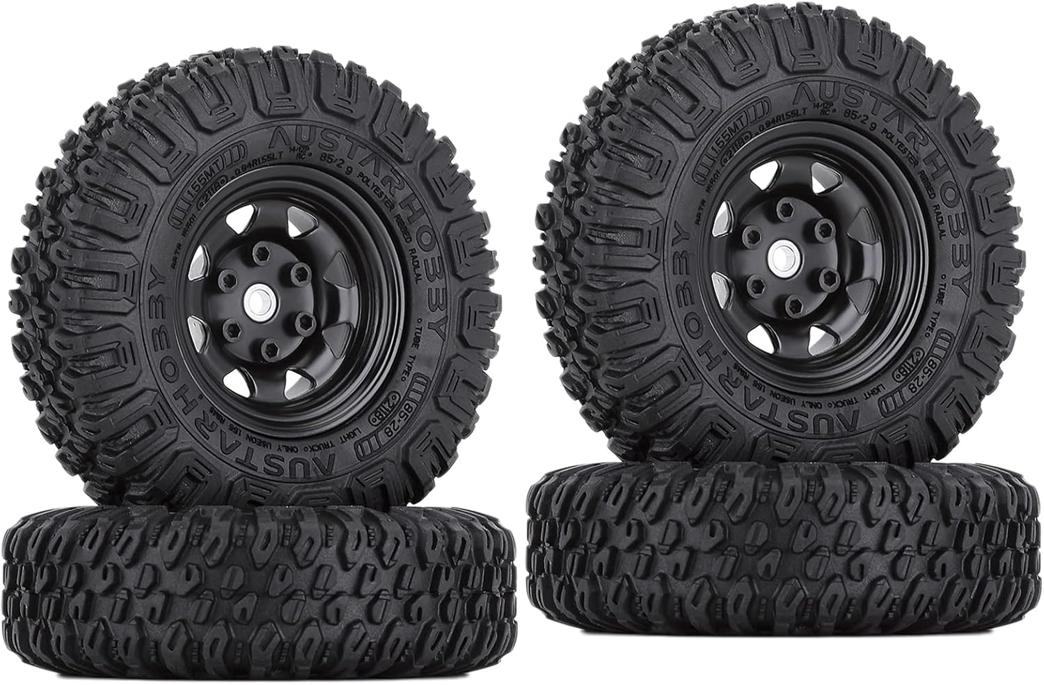 4PCS 1.55 inch 85mm Rubber Terrain Crawler Tires Metal Beadlock Wheel Rims Tires Set Compatible with 1/10 RC Crawler Car Axial AX90069 D90 TF2 Tamiya CC01 LC70 MST JIMNY (Black)