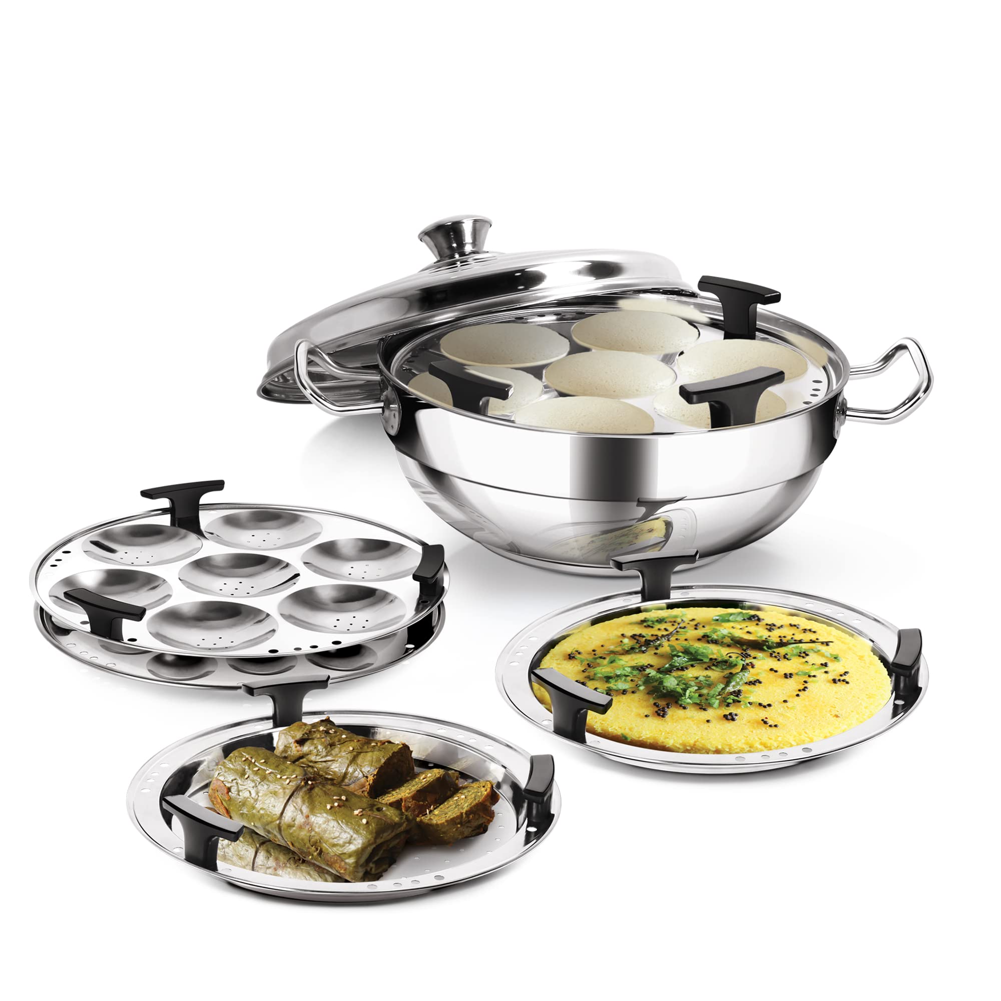 MILTON Pro cook Stainless Steel Multipurpose Kadai with Lid (2 โ Regular Idli Plate; 1 - Mini Idli Plate; 1 - Steamer Plate; 2 - Dhokla Plate) All-in-One Multi Pot/Kadhai, Induction & Gas Friendly