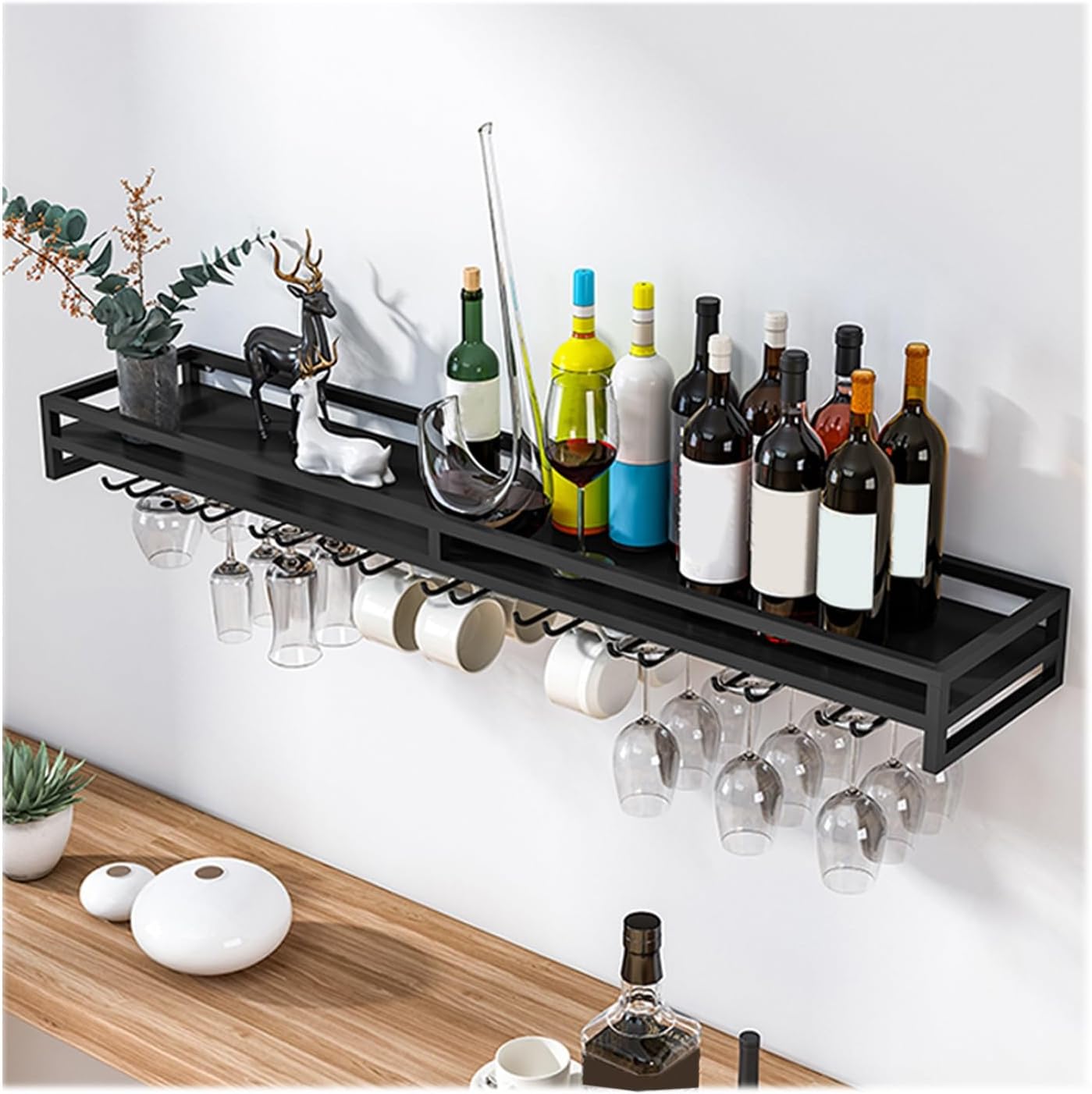 Space-Saving Wall Mounted Wine Rack with Glass Holder - Multi-Functional Black Iron Tiered Shelf for Kitchen, Living Room, Bar & Dining Room - 31"x8"x3.3"