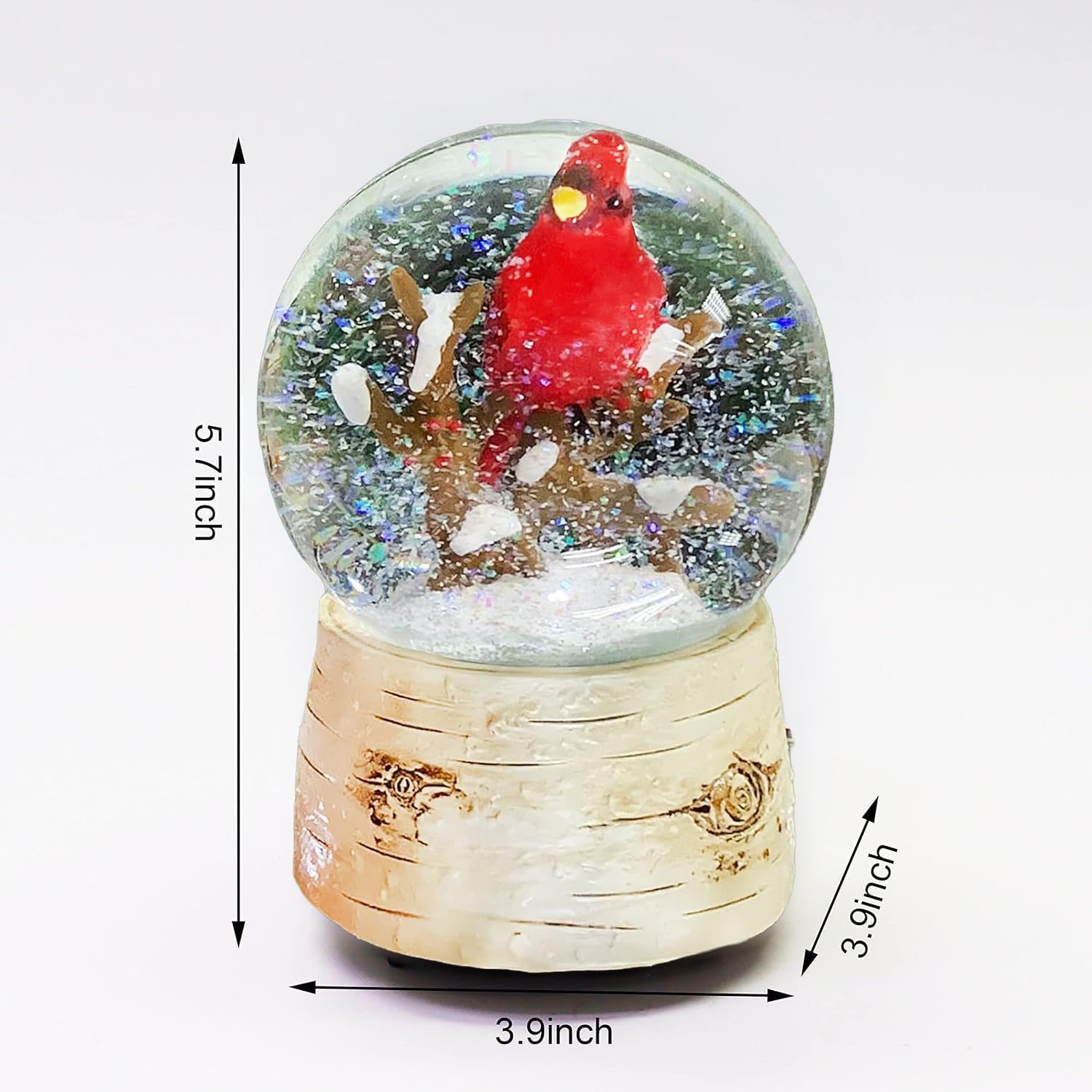 Musical Christmas Snow Globe with Cardinal Water Spinning Wind-Up Music Box Hand-Painted Birch Tree Design Holiday Tabletop Decoration by Moments in Time (5.7”H)
