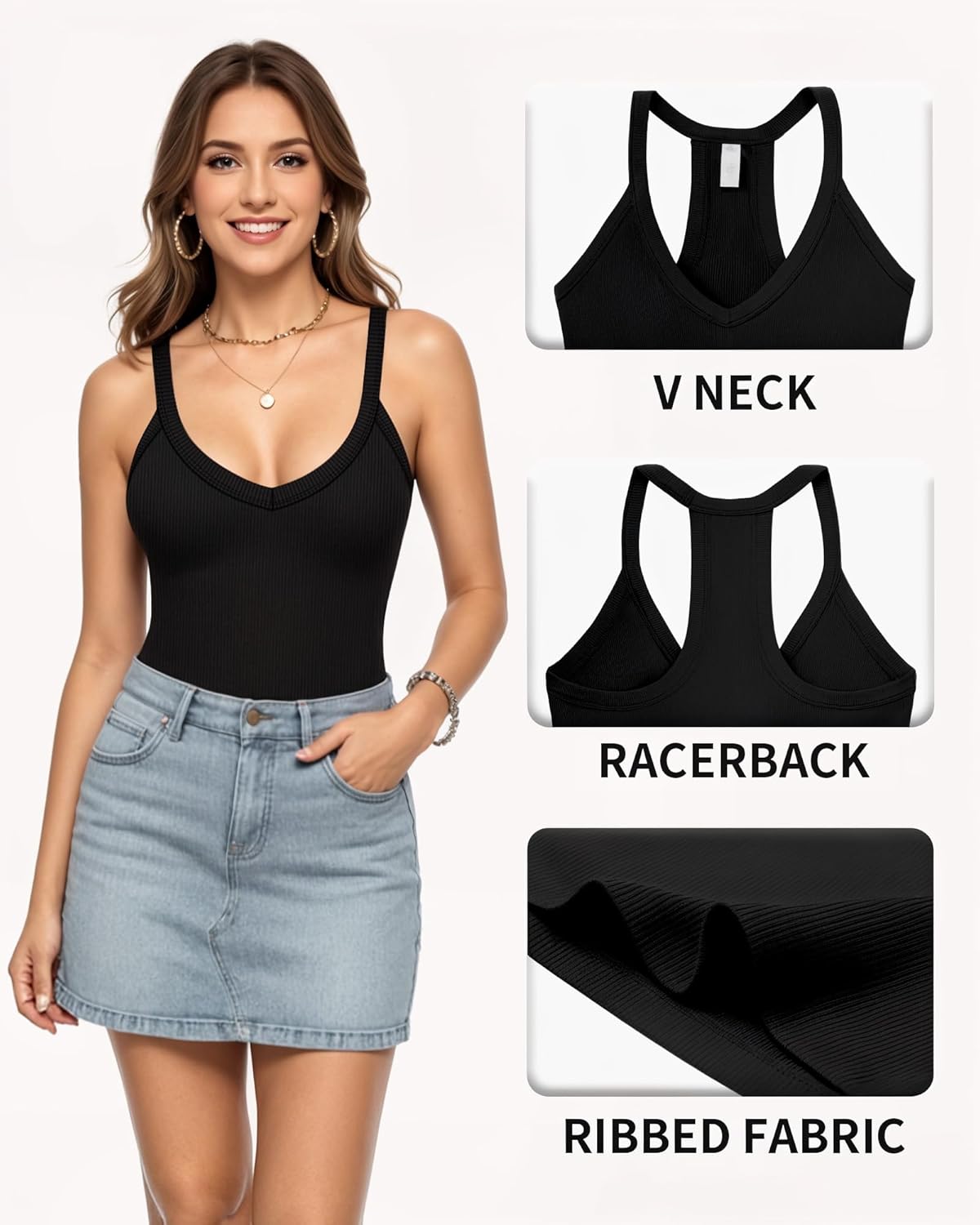 MANGOPOP Women's V Neck Tank Top Bodysuits Racerback Slim Fit Sleeveless Body suit Sexy Spaghetti Strap Ribbed Tops - Image 5