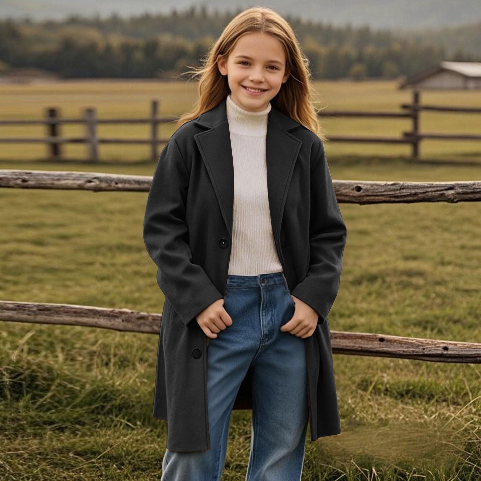 Gabardina de un solo pecho para niñas, con solapa de muesca, chaquetas largas de invierno para niños, cuello de solapa clásico, abrigo elegante, abrigo cálido