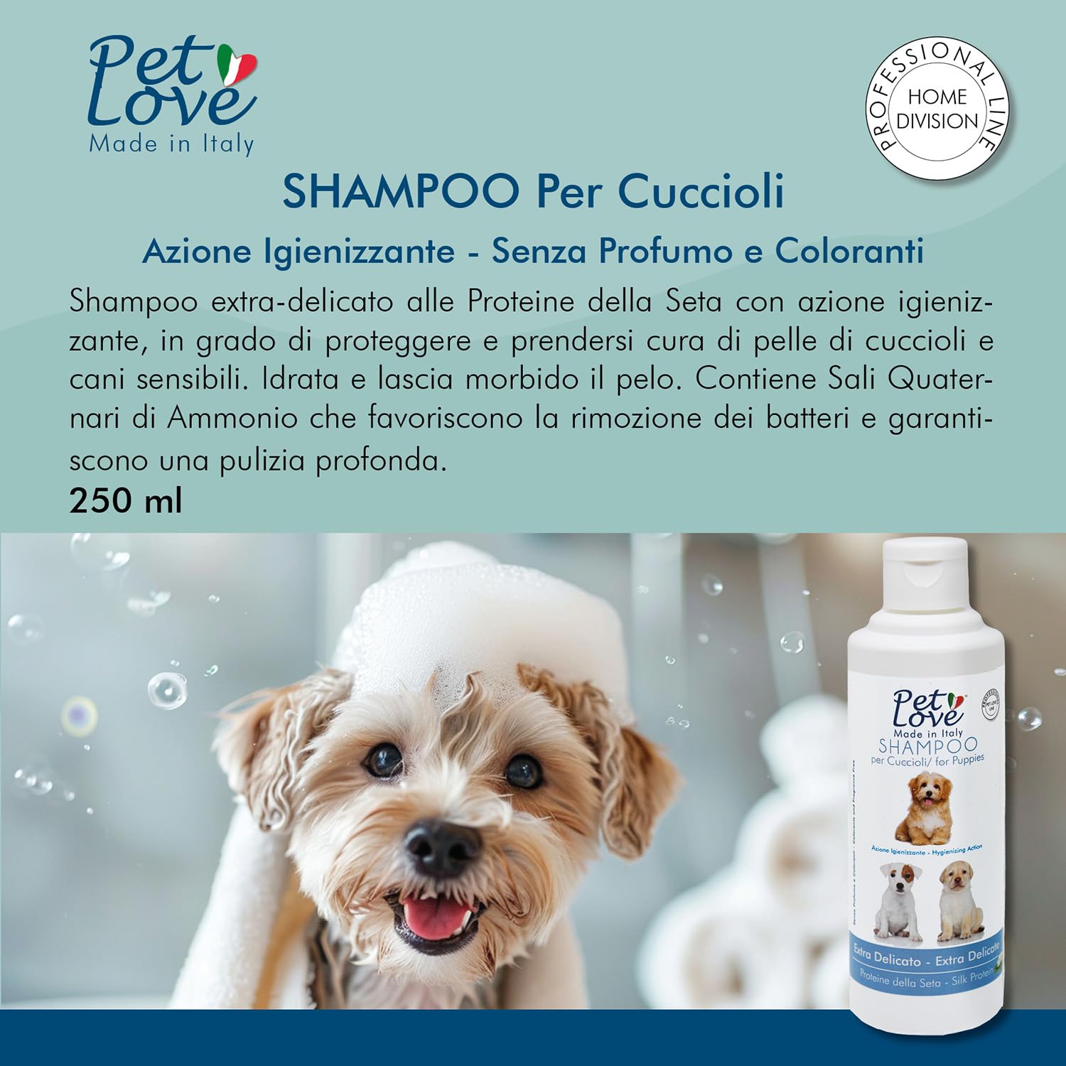 Pet Love | Shampoo Extra-Delicato per Cuccioli Cani e Gatti – Azione Detergente e Igienizzante – Senza Profumo e Coloranti - 250 ml