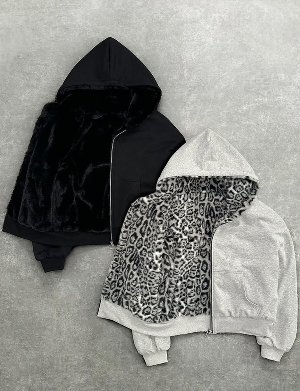 Y2K Womens Faux Fur Leopard Print Hoodies Zip Up Fleece Warm Jacket Fluffy Baggy Vintage Trendy Streetwear - Image 2